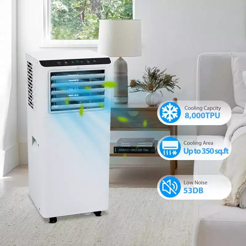 White 8,000 BTU Portable AC Unit  Powerful Cooling for 350 Sq.Ft Spaces. 4 Modes: Cool, Fan, Dehumidify & Sleep with Remote & 24H Programmable Timer