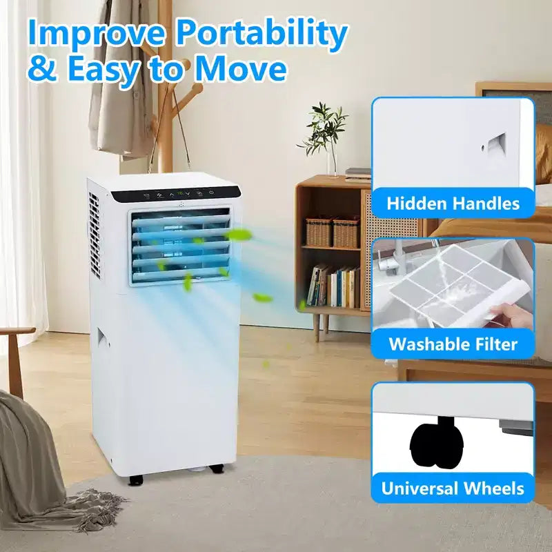 White 8,000 BTU Portable AC Unit  Powerful Cooling for 350 Sq.Ft Spaces. 4 Modes: Cool, Fan, Dehumidify & Sleep with Remote & 24H Programmable Timer