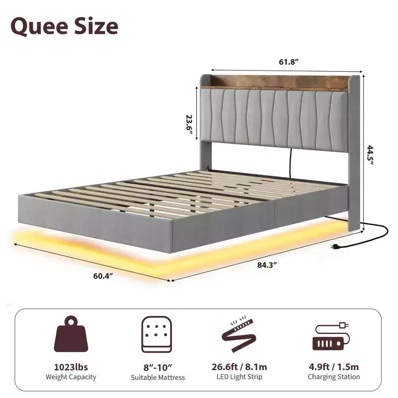 Cama moderna con plataforma flotante, diseño tapizado, lamas de madera resistentes, no requiere somier, fácil de montar, beige, tamaño matrimonial.