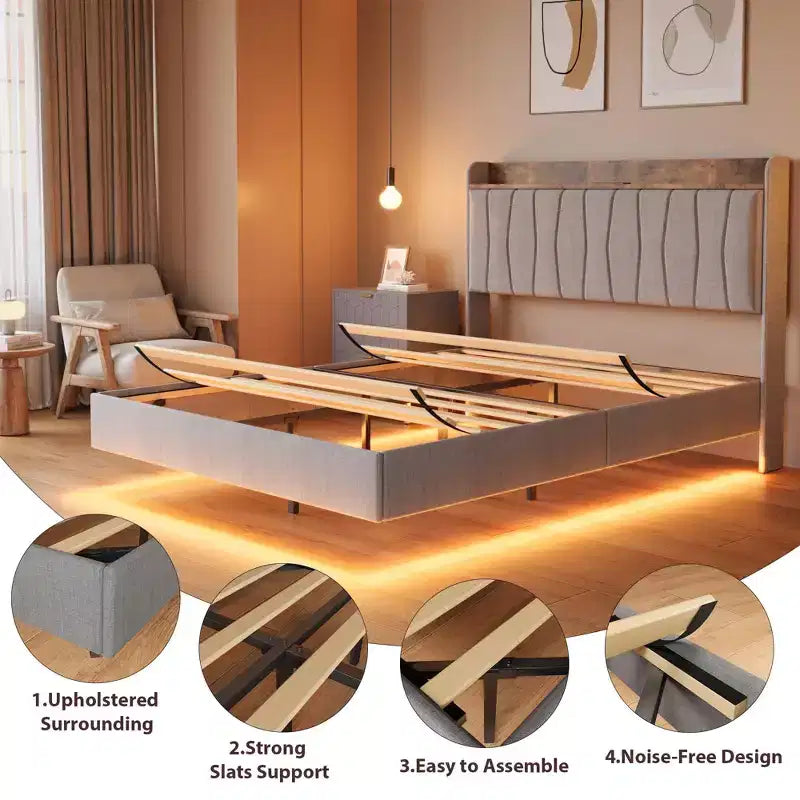 Cama moderna con plataforma flotante, diseño tapizado, lamas de madera resistentes, no requiere somier, fácil de montar, beige, tamaño matrimonial.