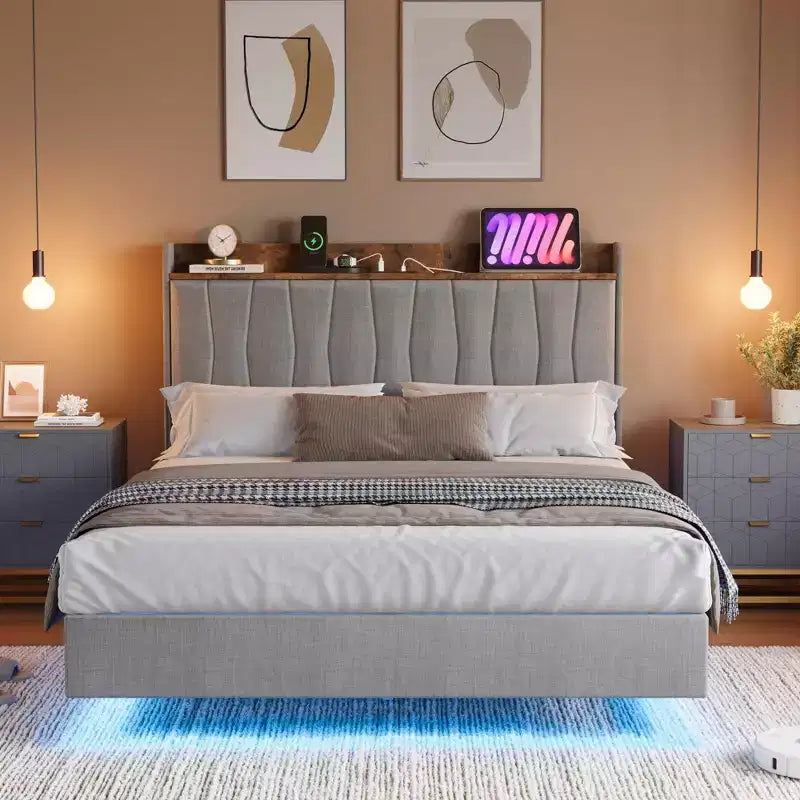 Cama moderna con plataforma flotante, diseño tapizado, lamas de madera resistentes, no requiere somier, fácil de montar, beige, tamaño matrimonial.