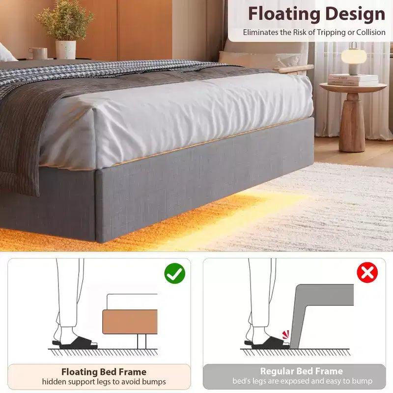 Cama moderna con plataforma flotante, diseño tapizado, lamas de madera resistentes, no requiere somier, fácil de montar, beige, tamaño matrimonial.