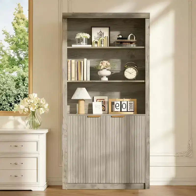 Librería moderna de granja de 71 pulgadas de alto con cajones y puertas, gabinete de almacenamiento independiente de 5 niveles y estante de exhibición para oficina en casa o sala de estar
