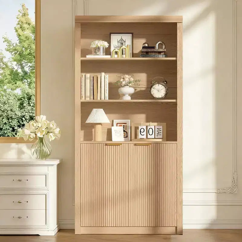 Librería moderna de granja de 71 pulgadas de alto con cajones y puertas, gabinete de almacenamiento independiente de 5 niveles y estante de exhibición para oficina en casa o sala de estar