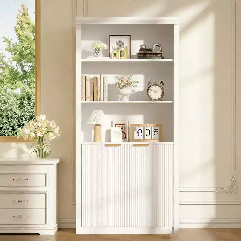 Librería moderna de granja de 71 pulgadas de alto con cajones y puertas, gabinete de almacenamiento independiente de 5 niveles y estante de exhibición para oficina en casa o sala de estar