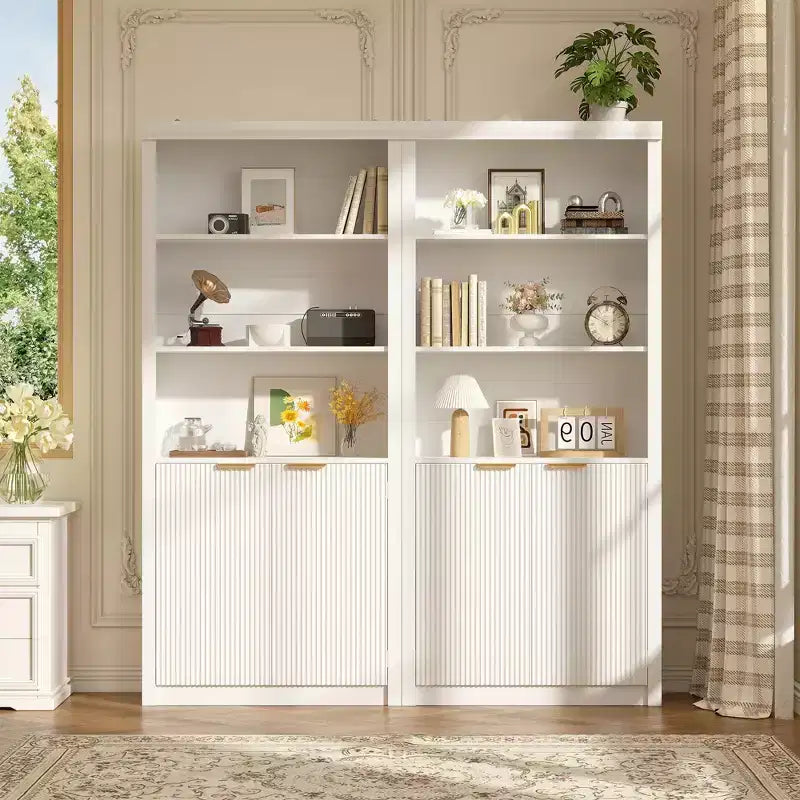Librería moderna de granja de 71 pulgadas de alto con cajones y puertas, gabinete de almacenamiento independiente de 5 niveles y estante de exhibición para oficina en casa o sala de estar