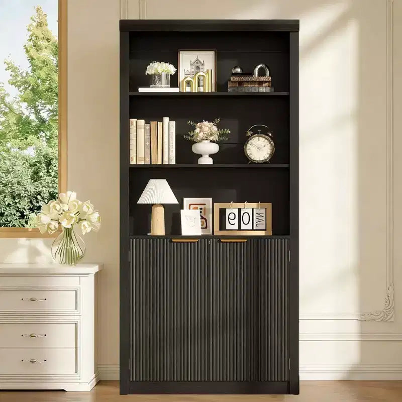 Librería moderna de granja de 71 pulgadas de alto con cajones y puertas, gabinete de almacenamiento independiente de 5 niveles y estante de exhibición para oficina en casa o sala de estar