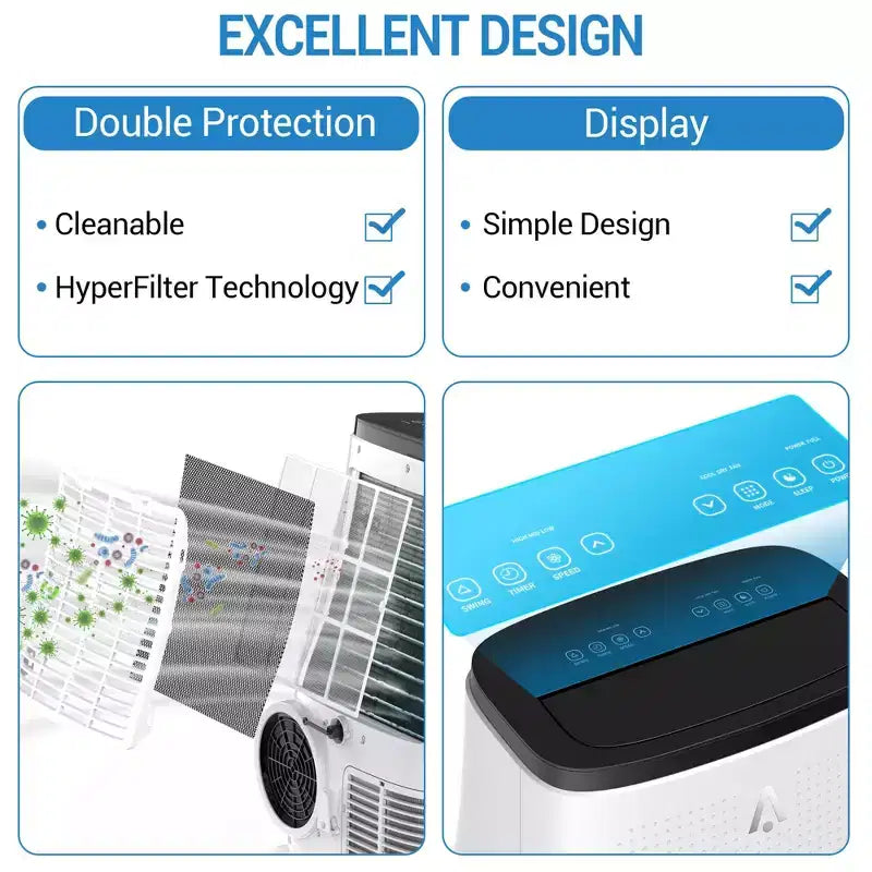 15K BTU Portable AC for Large Rooms up to 850 Sq Ft, 3-in-1 Cooling Fan Dehumidifier with Remote, Auto Swing, Drainage-Free Design