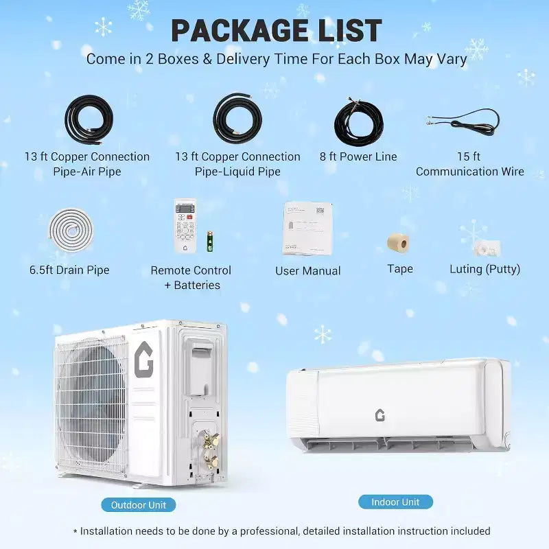 9000 BTU Mini Split AC & Heater - 20 SEER2 Ductless Inverter System, Self-Cleaning, WiFi/Alexa/Remote, Installation Kit, Cools 450 Sq.Ft, US Standard