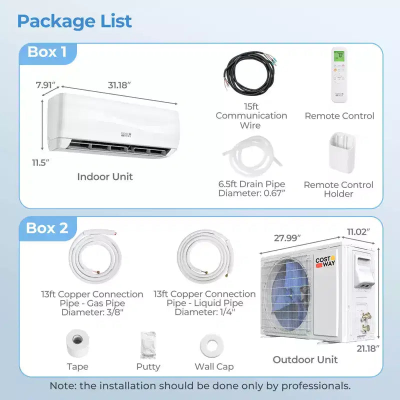 Costway 12000 BTU Mini Split Air Conditioner & Heater with Heat Pump, Full Installation Kit