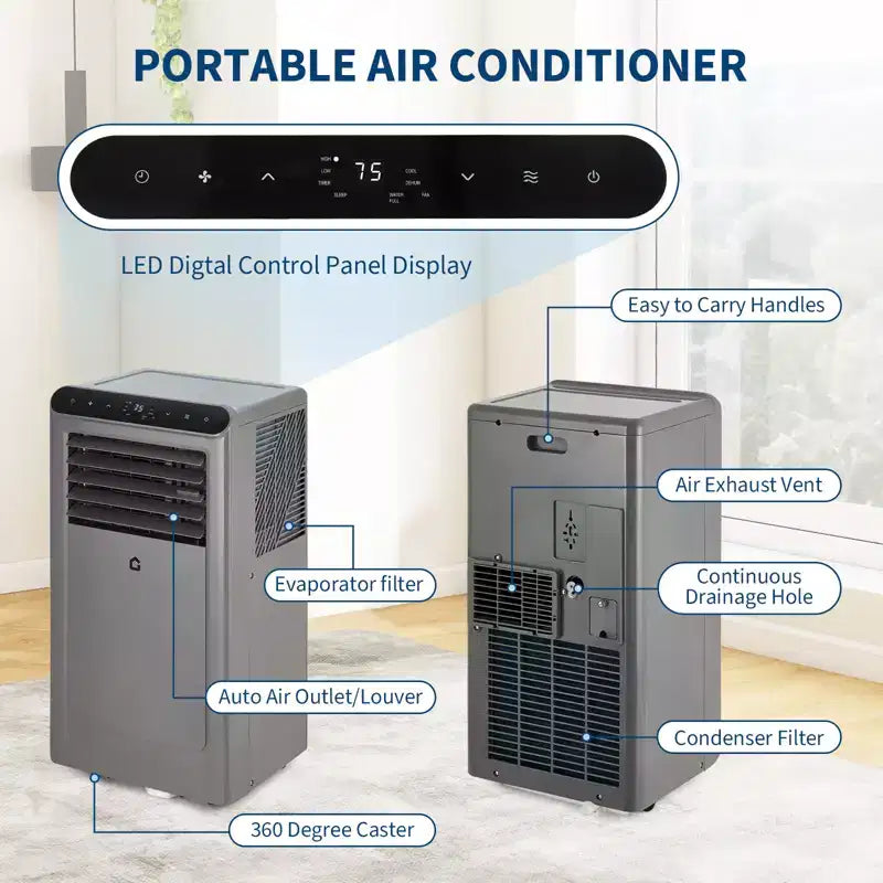 10,000 BTU Portable AC  3-in-1 Gray/Black Air Conditioner(1 Pack)for Rooms Up to 450 Sq.Ft | Includes Remote,Window Kit & 24H Timer for Home/Hotel
