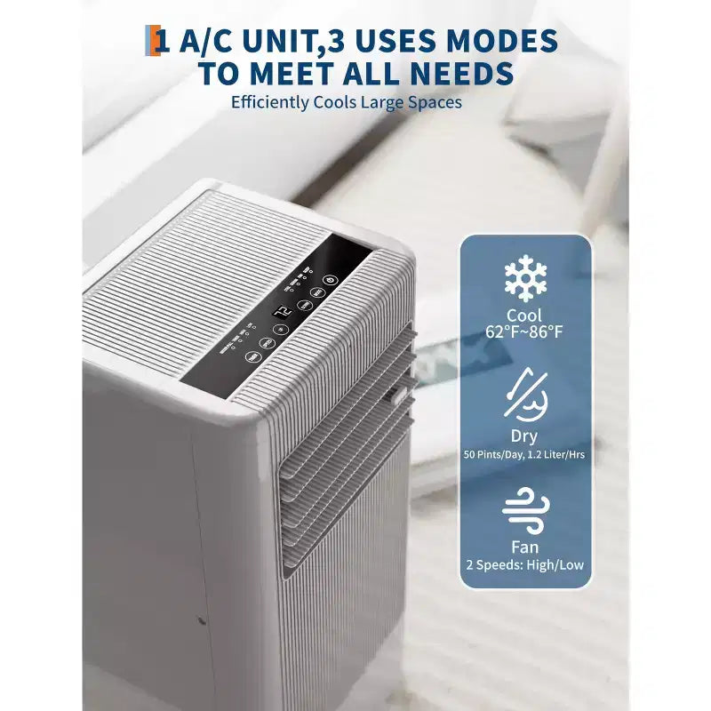 8,000 BTU 3-in-1 Portable AC - Grey (NPLI9A-05CX1E), 1 Unit, Quiet 2-Speed Cooling for Home/Dorm/Office, Includes Window Kit & Remote
