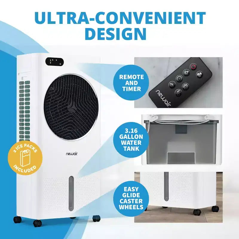 Newair Evaporative Air Cooler and Portable Cooling Fan, 1600 CFM AC Swamp Cooler, Top Loading Ice Chamber, 3.16 Gallon Removable Water Tank