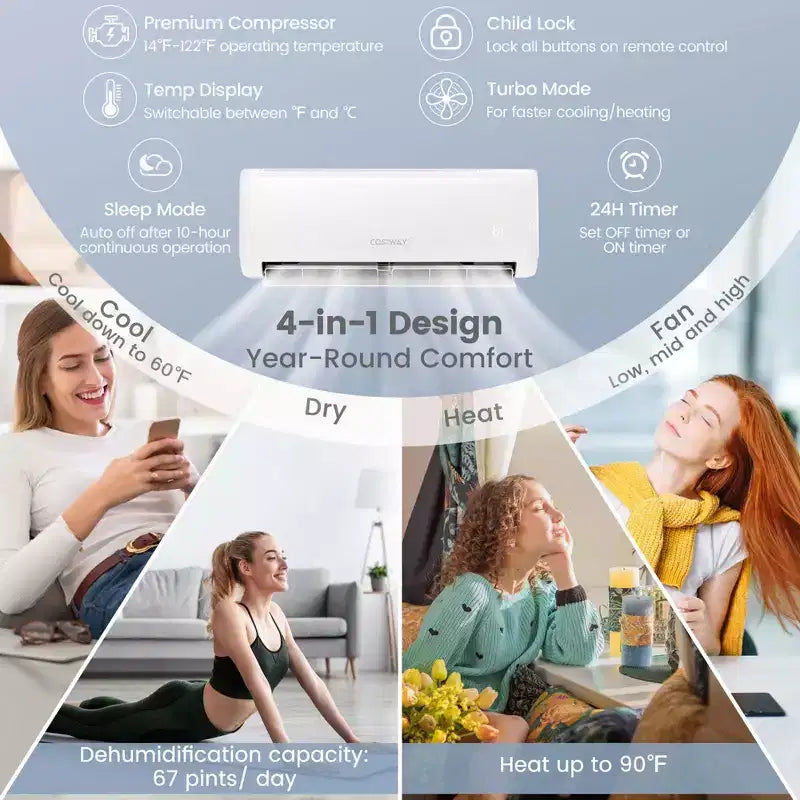 Costway 18,000 BTU Mini Split Air Conditioner AC Unit with Heat Pump & Remote Control