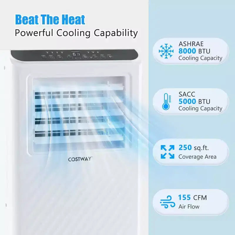Costway 8000 BTU Portable Air Conditioner 3 -in-1 Air Cooler Dehumidifier Fan 24H Timer 5000 BTU(8000BTU ASHRAE)