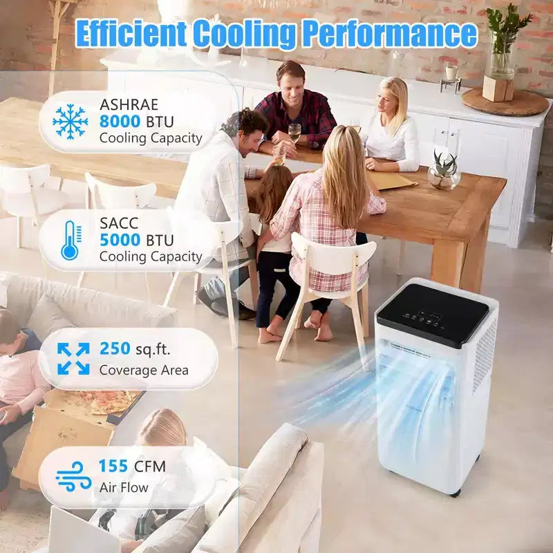 Costway 8000 BTU Portable Air Conditioner Cools up to 250 Sq.Ft with Fan & Dehumidifier 5000 BTU(8000BTU ASHRAE)
